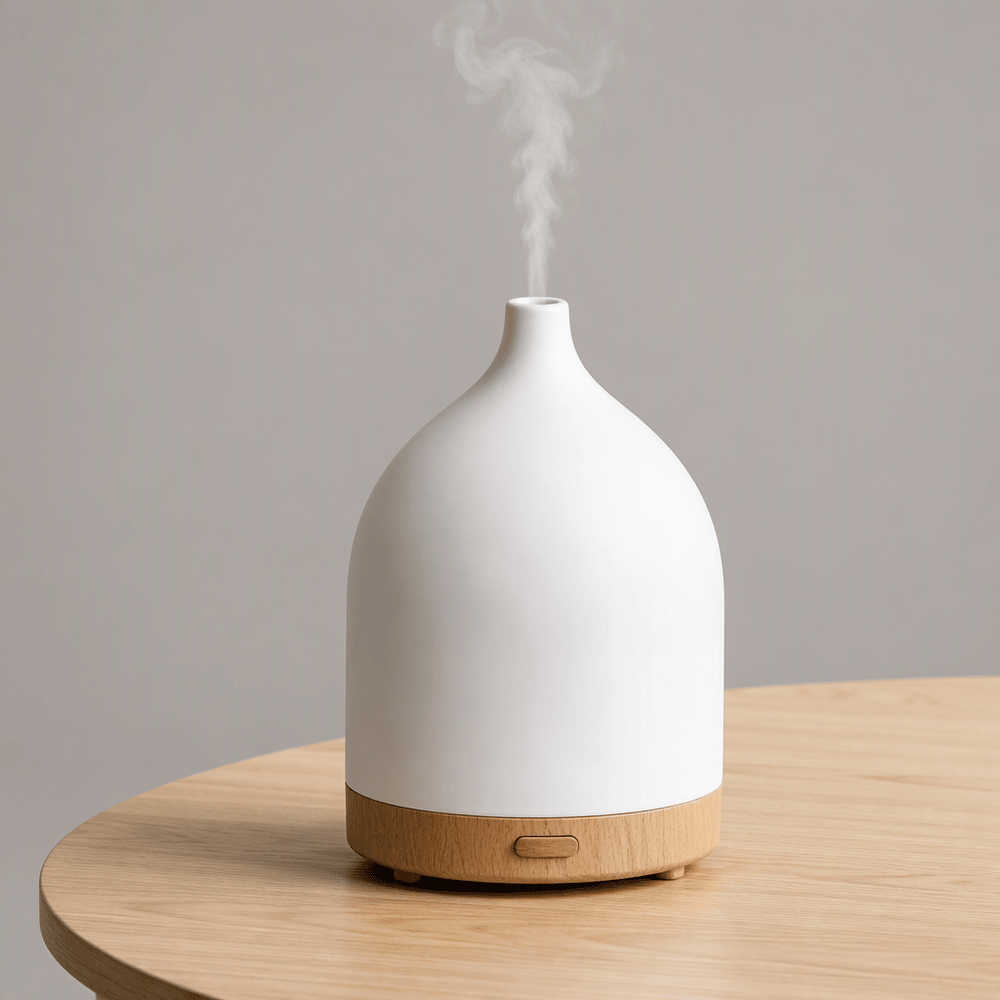 Aura ceramic diffuser in use on a side table with rising steam