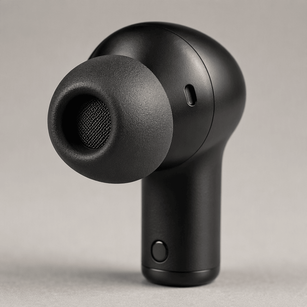 Close-up of a Pulse wireless earbud showing the ear tip and speaker mesh