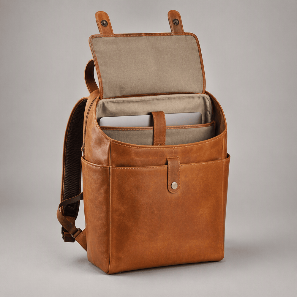 Wander leather backpack with the top flap open showing the interior
