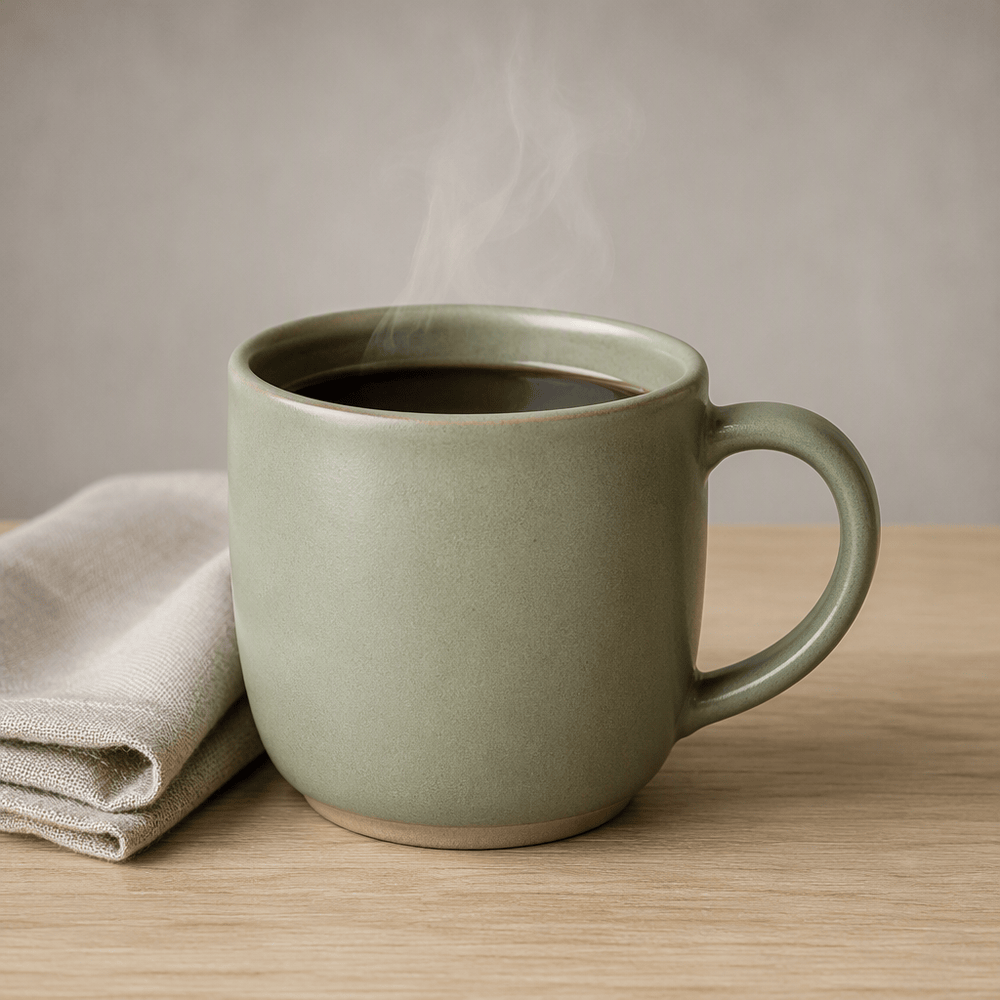 Fjord ceramic mug filled with coffee on an oak table