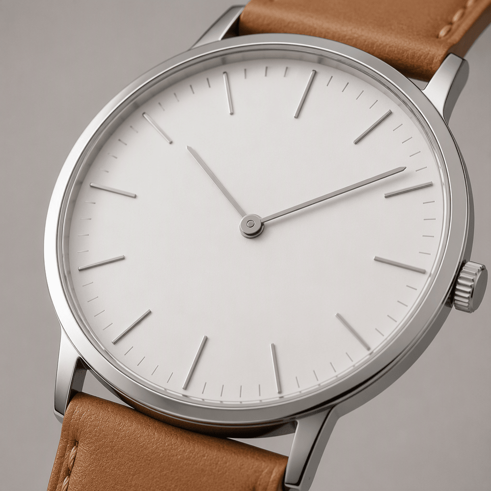 Close-up of the Meridian watch dial and slim hands